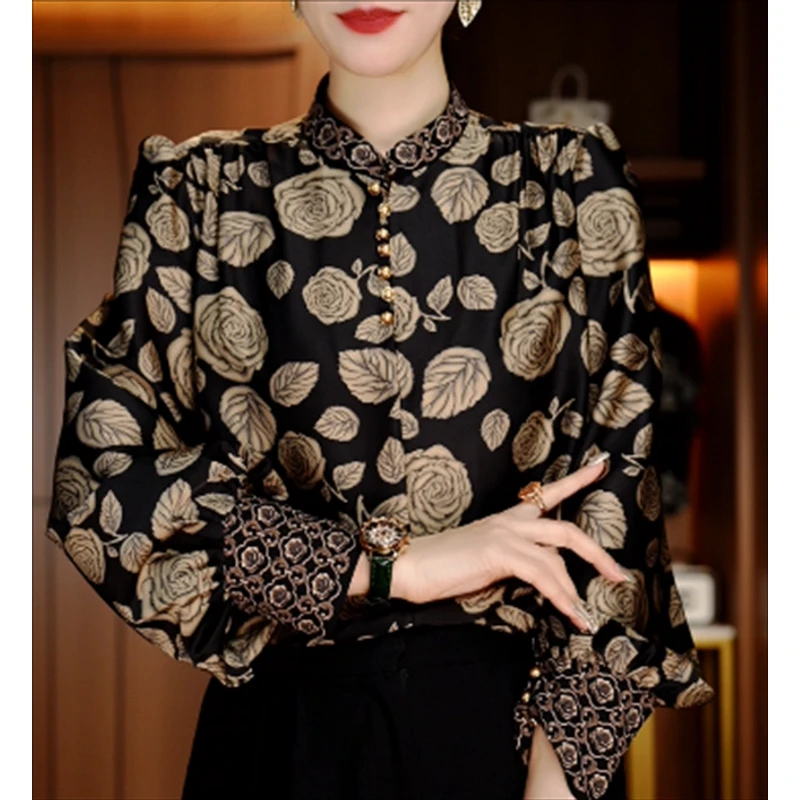 卓曼 新款小高领衬衣女印花显瘦百搭气质时尚套头上衣V24M0515