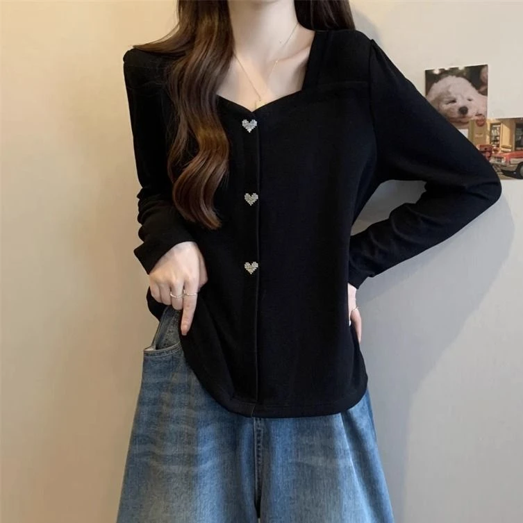 大码胖mm设计感方领拼接长袖t恤女2025春秋新款洋气显瘦遮肉上衣