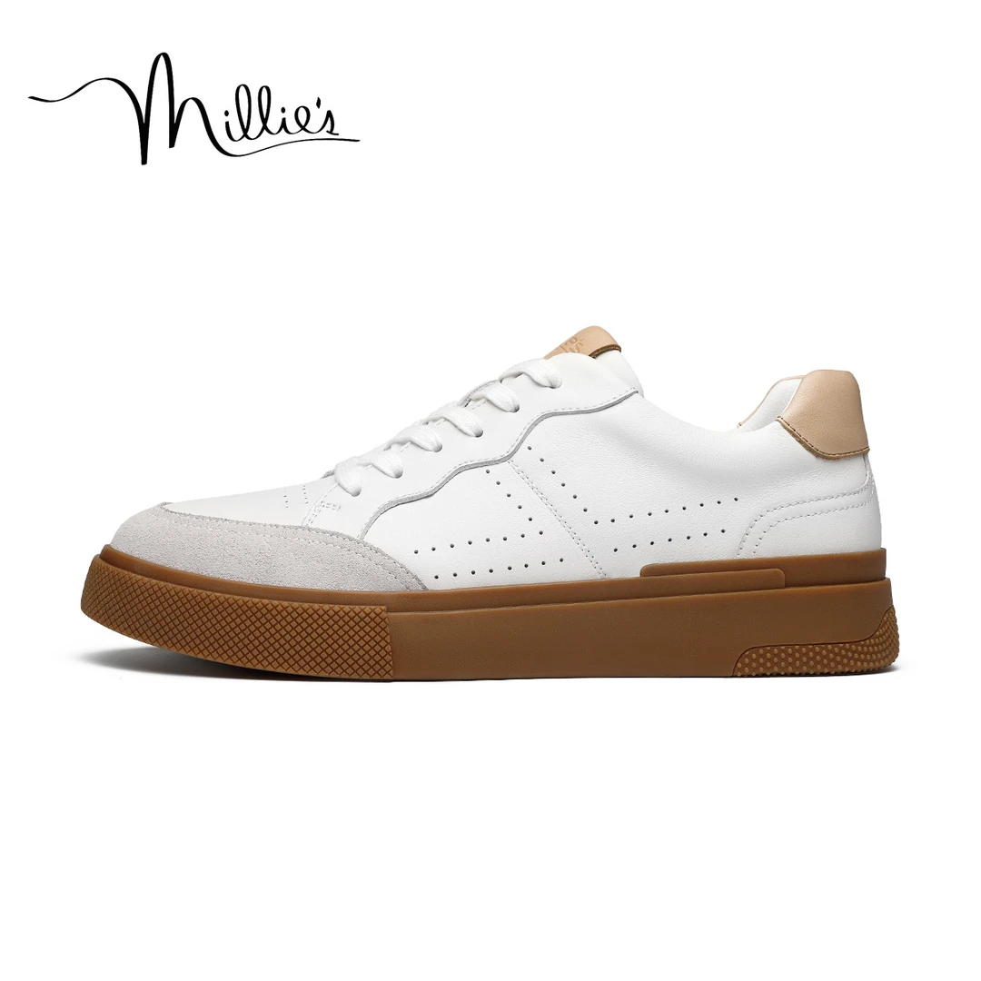 Millie's 妙丽 2025春秋时尚透气小白鞋男士百搭系带厚底板鞋男鞋