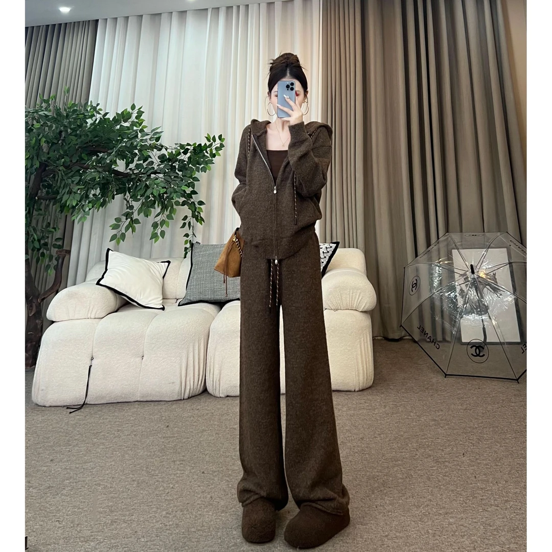 XIAOQIN【白露落霜】秋冬简约连帽针织外套高腰显瘦长裤套装T450