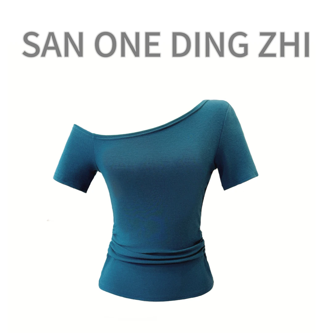 「极致美商」夏季显瘦斜肩上衣短袖辣妹修身不规则捏腰设计时尚t恤