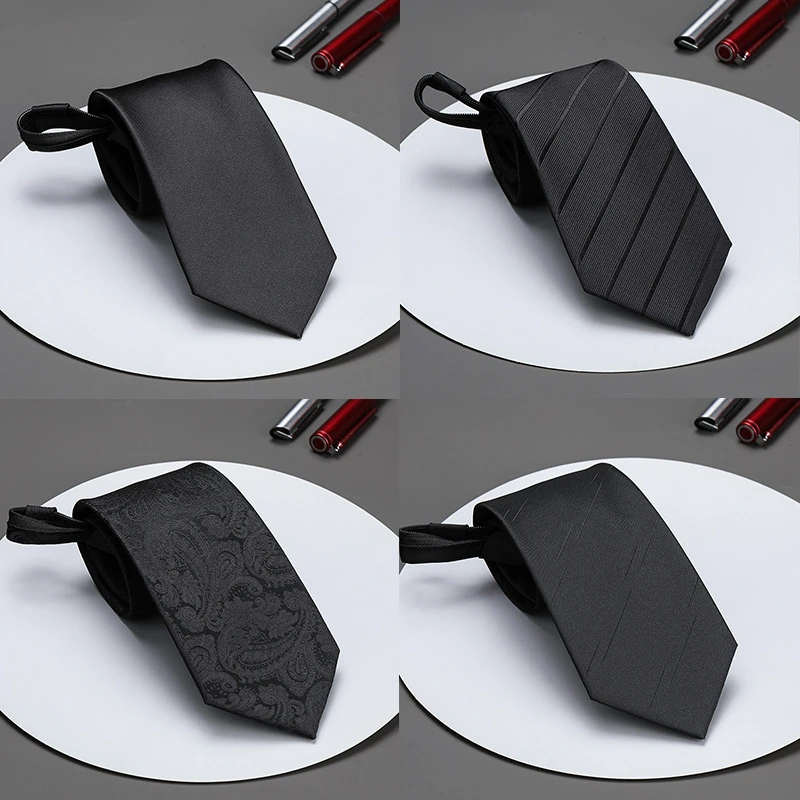 黑色免打拉链男士职业正装领带条纹休闲结婚新郎韩版一拉的领带