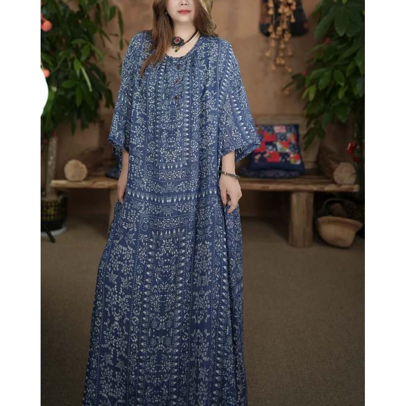 美子原创宽松连衣裙印花连衣裙大码复古碎花长裙（衣长115胸围150