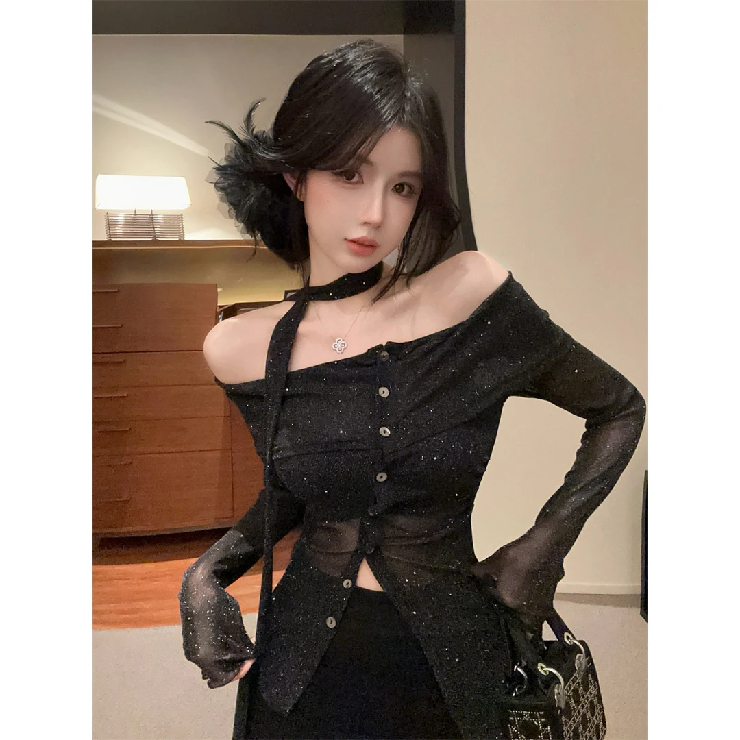 纯欲风高级感bling亮闪闪不规则一字肩上衣春