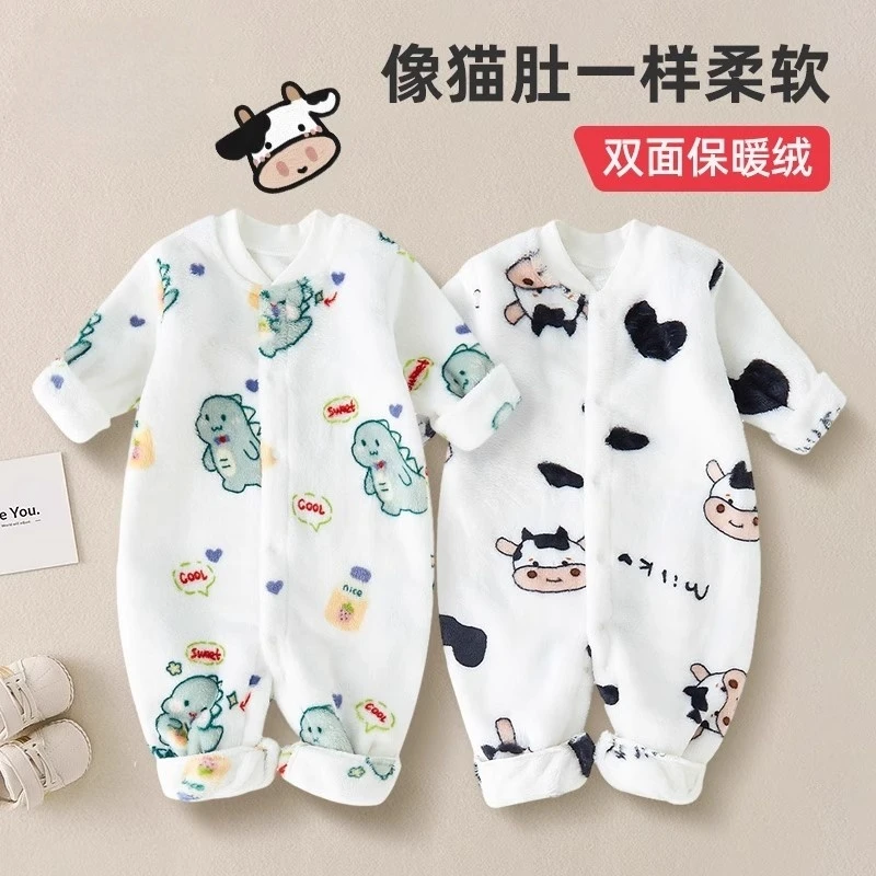 婴儿法兰绒连体衣双面绒锁温保暖宝宝连体睡衣新生儿爬外出服秋冬