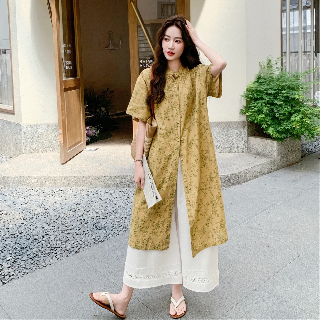 温柔系穿搭黄色碎花衬衫裙白色阔腿裤套装新款女夏叠穿设计两件套