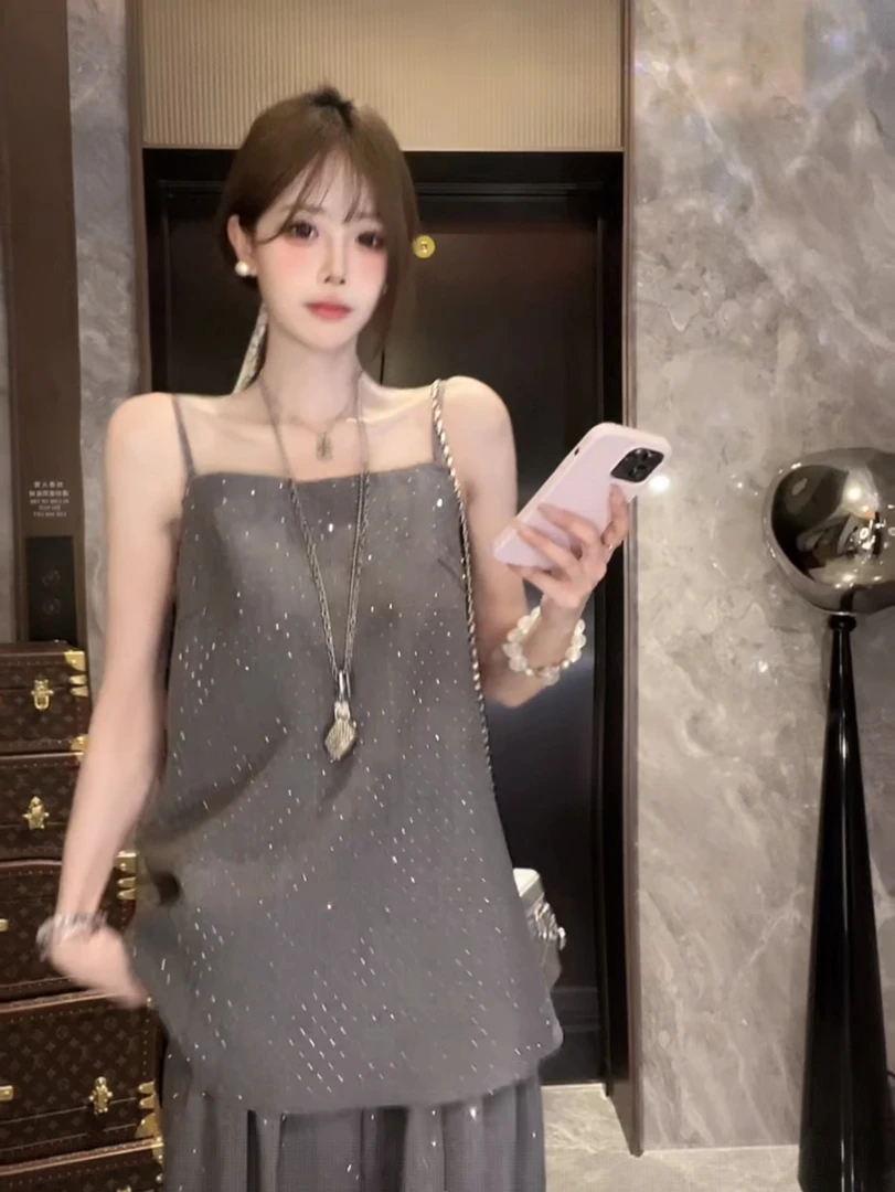 婉君W【暗夜幽光吊带】夏季气质时尚闪钻无袖吊带上衣LWJ25B2T1953