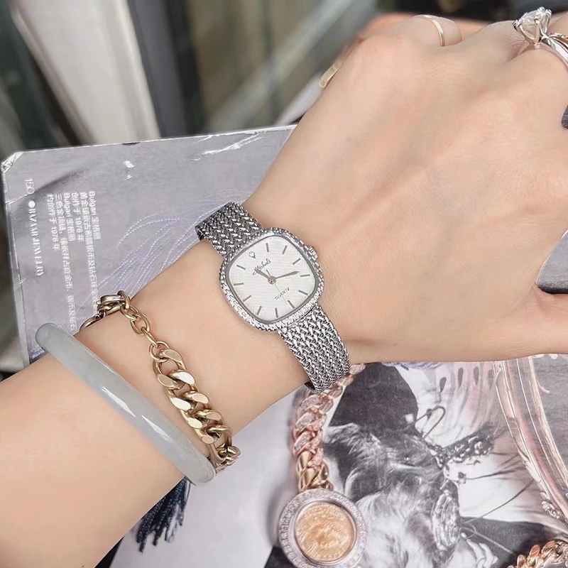 米莉莎Mishali新款方形手表女复古金色麦穗网带气质简约小方糖表