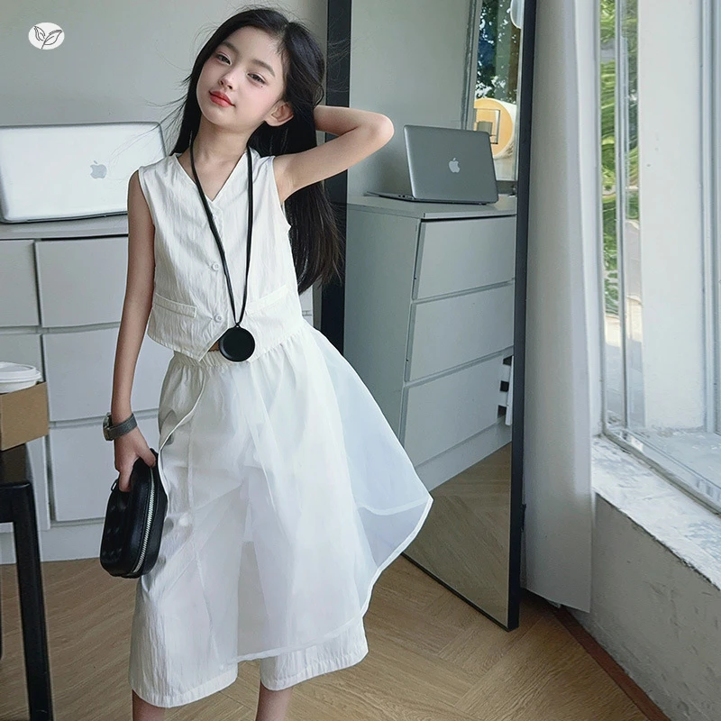 女童夏装新款韩版马甲假两件直筒裤中大童设计感阔腿裤薄款潮 显