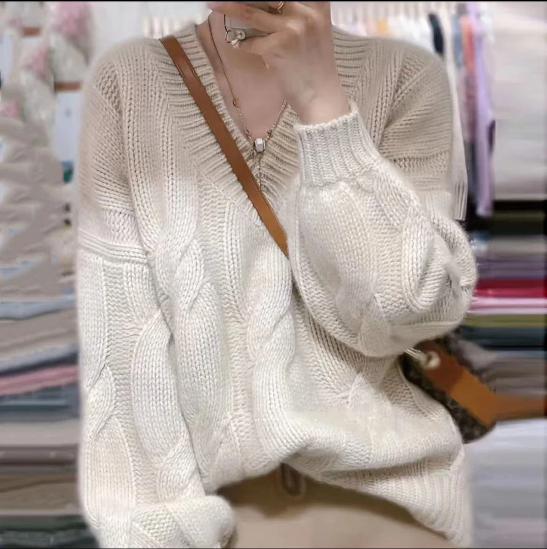 重磅欧货~软糯V领网红针织麻花羊毛衫女加厚宽松加厚纯羊毛慵懒风