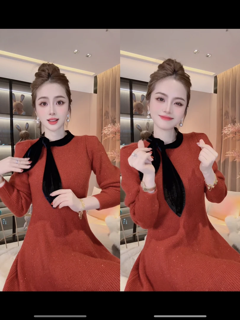 SS.studio/双双“鸿运到你家”新款丝绒系蝴蝶结领口亮丝高定连衣裙