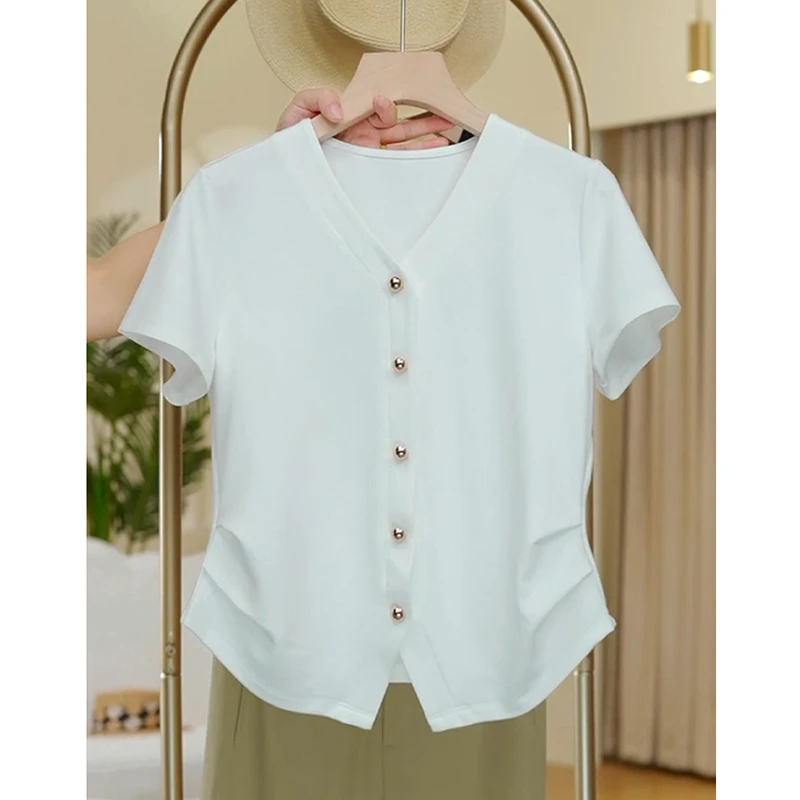 白色短袖t恤女夏季2025新款今年流行V领体恤显瘦遮肉卡腰短款上衣