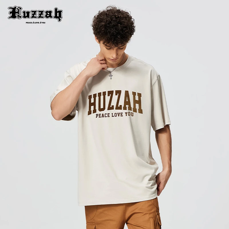 HUZZAH植绒LOGO字母印花圆领宽松休闲纯棉短袖T恤夏季男女同款