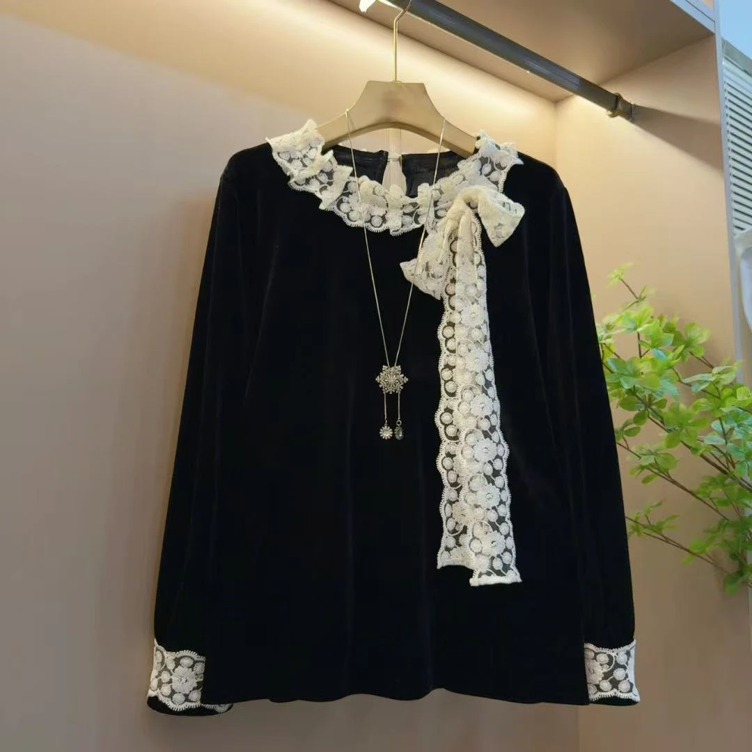 时尚法式新款丝绒拼接花边系带设计显瘦气质上衣(长63左右)