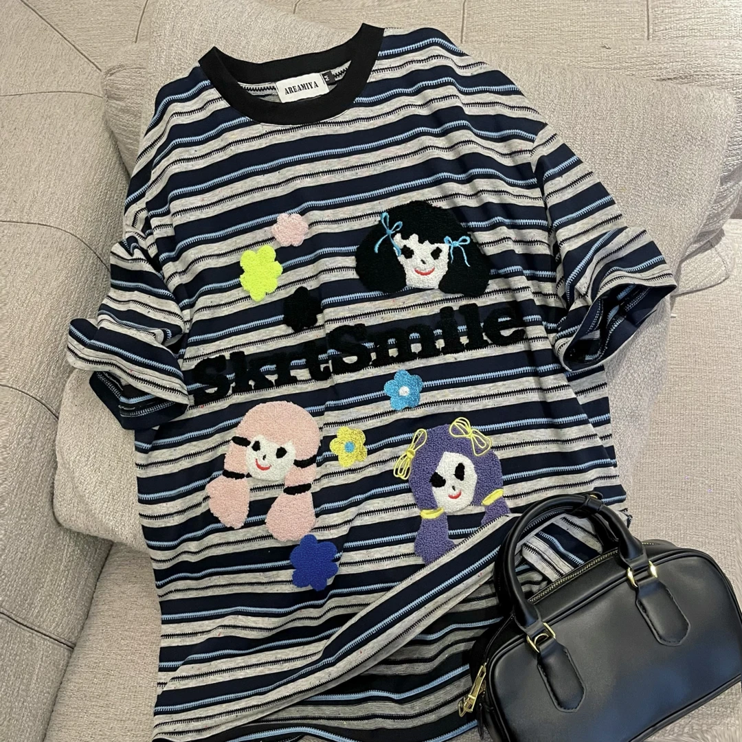 【甜美可爱】时髦小众设计感贴布女孩花朵条纹短袖T恤CP248