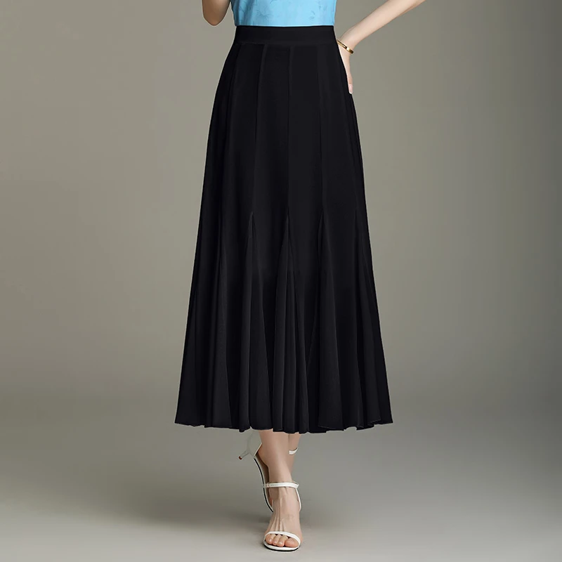 黑色雪纺半身裙女夏季薄款2025新款垂坠感a字裙超火百褶裙子
