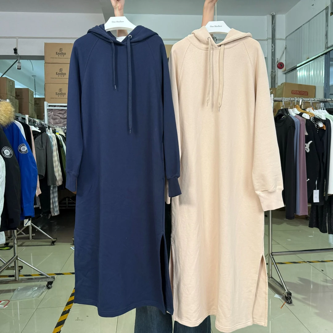 东大门长款连帽慵懒风大版开叉卫衣连衣裙4323