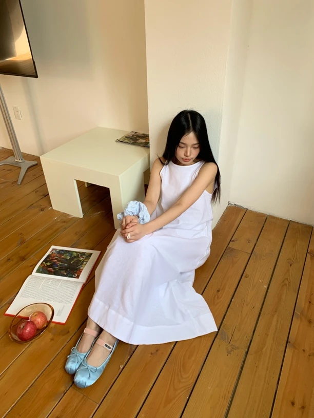 棉麻前后可穿V领大褶皱无袖连衣裙#66786