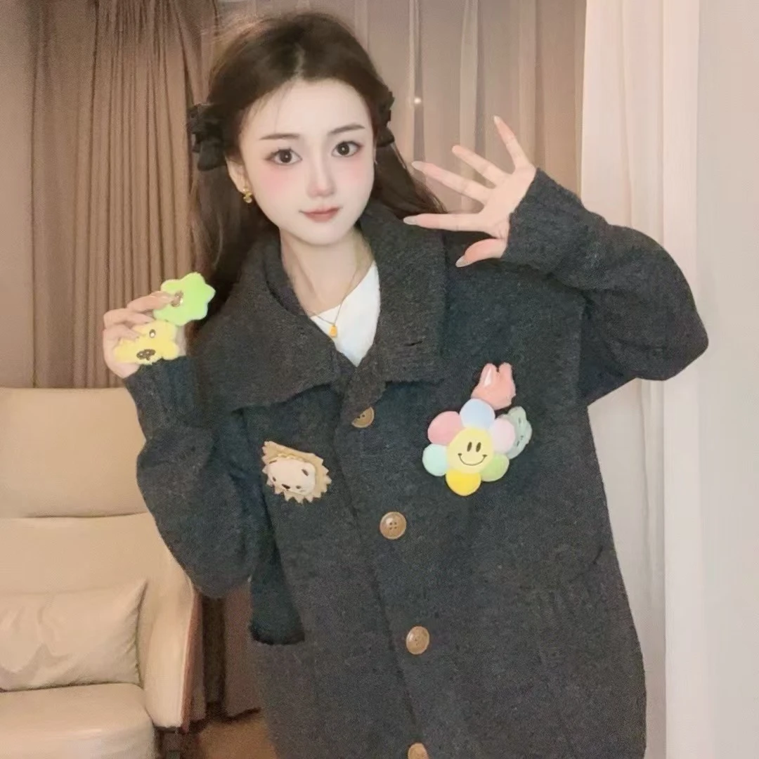 【胸针可拆卸】韩系chic氛围感针织毛衣开衫外套女秋冬慵懒风上衣