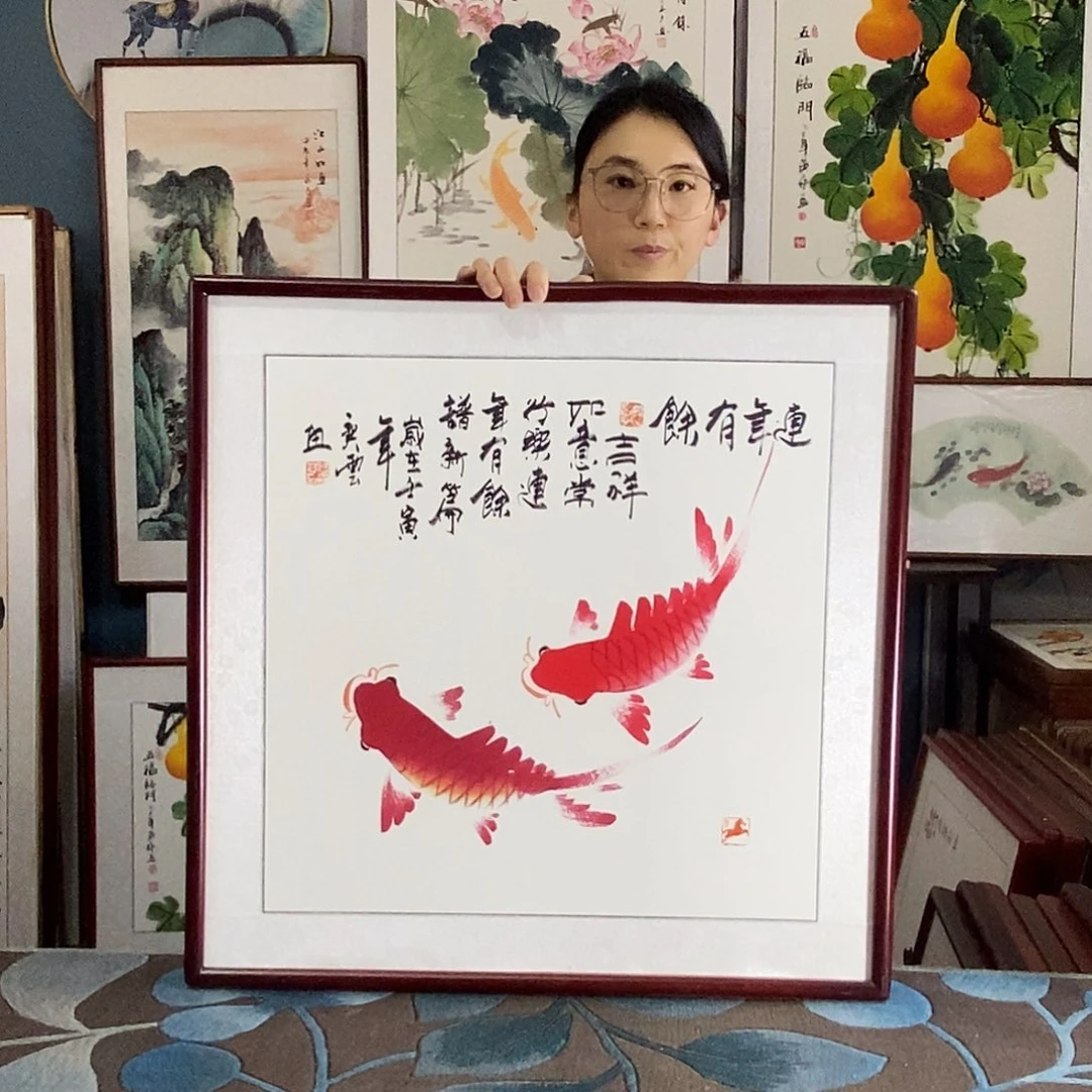 国画手写手绘带框包邮国画作品62✖️62