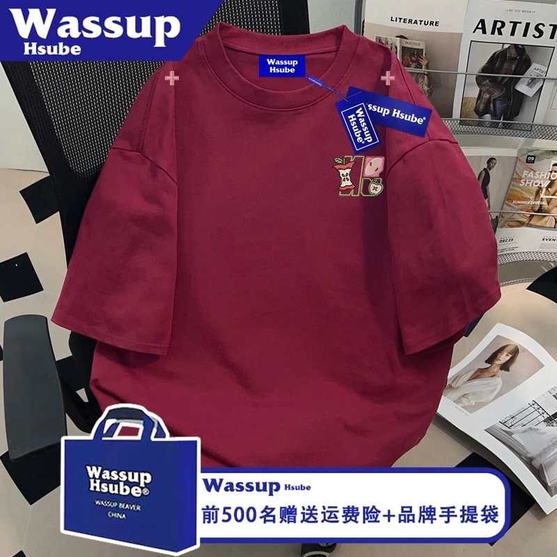 WASSUP HSUBE可爱苹果芯印花T恤男女款半袖ins夏季100%棉酒红短袖