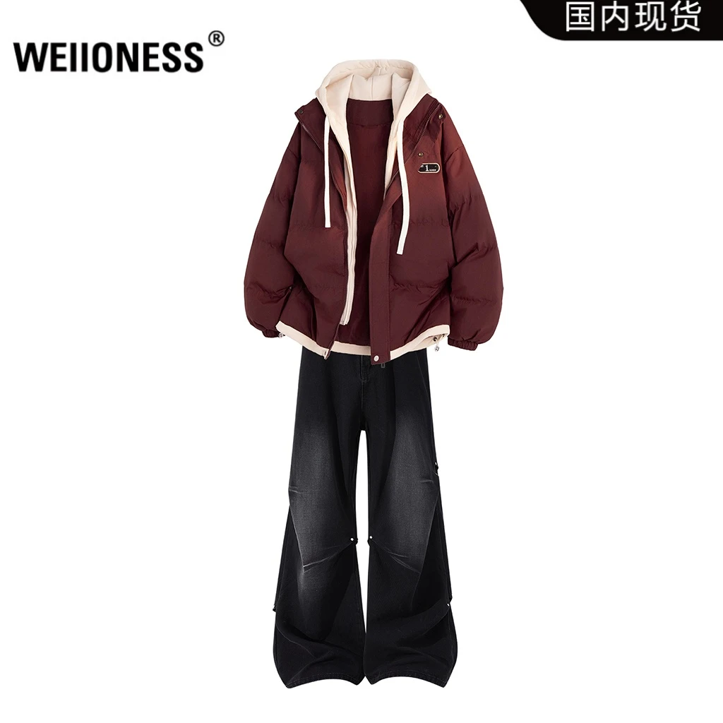 WEIIONESS假两件连帽棉服套装冬季新款潮流痞帅两件套高级感男装