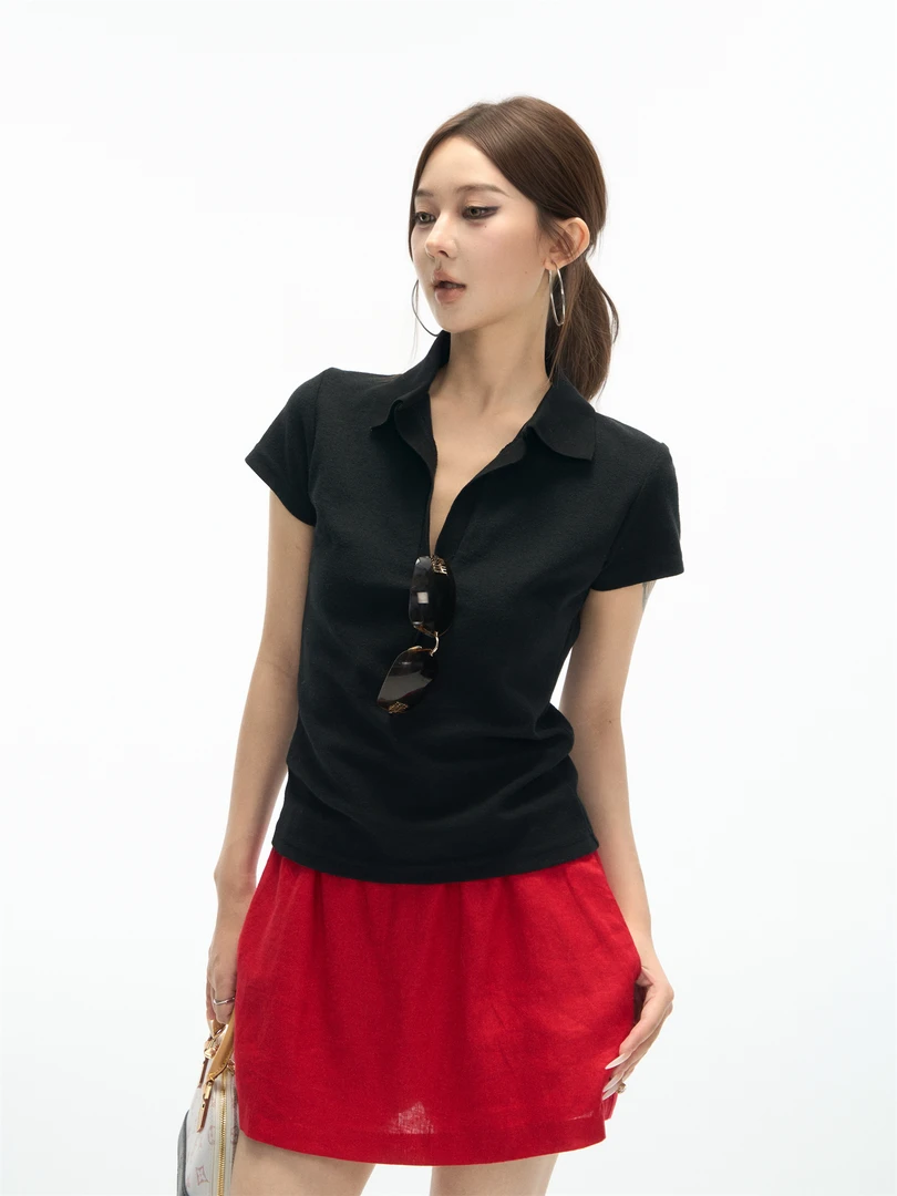 【CHUN ZI】翻领POLO户外休闲运动修身正肩短袖t恤女士上衣网球服