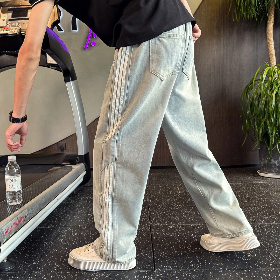 美式条纹牛仔裤男士夏季2025新款设计感潮牌阔腿宽松直筒休闲长裤