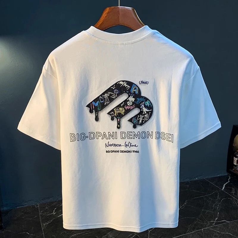 JJ高端刺绣印花T恤男款夏季宽松白色短袖体恤冰丝速干夏天衣服