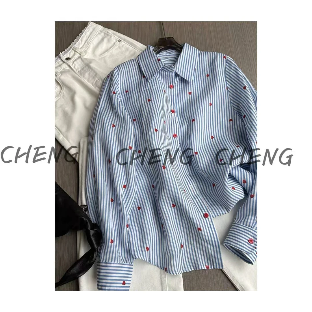 【CB-J-衬衫】韩系爱心条纹长袖衬衫女宽松显瘦时尚洋气衬衣上衣潮