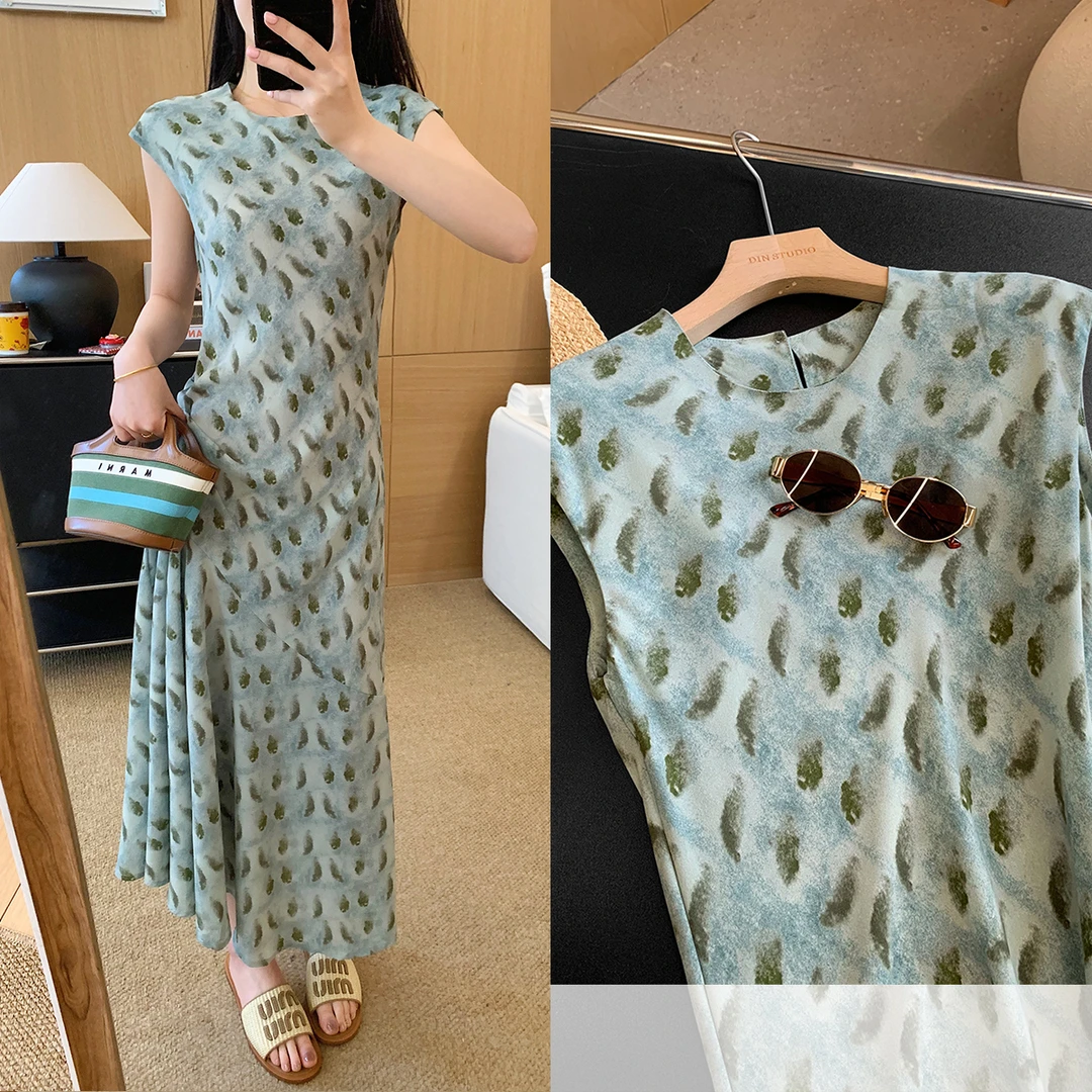 大叮自制【只此青绿】雅致水墨晕染不对称拼接收腰连衣裙！L740