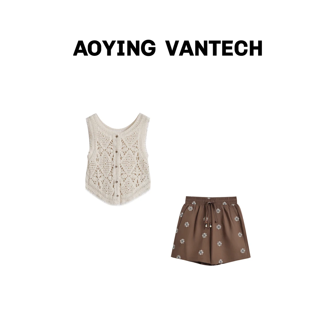 AOYING VANTECH【玛格丽小香】浪漫复古镂空马甲+遮跨显瘦短裤套装