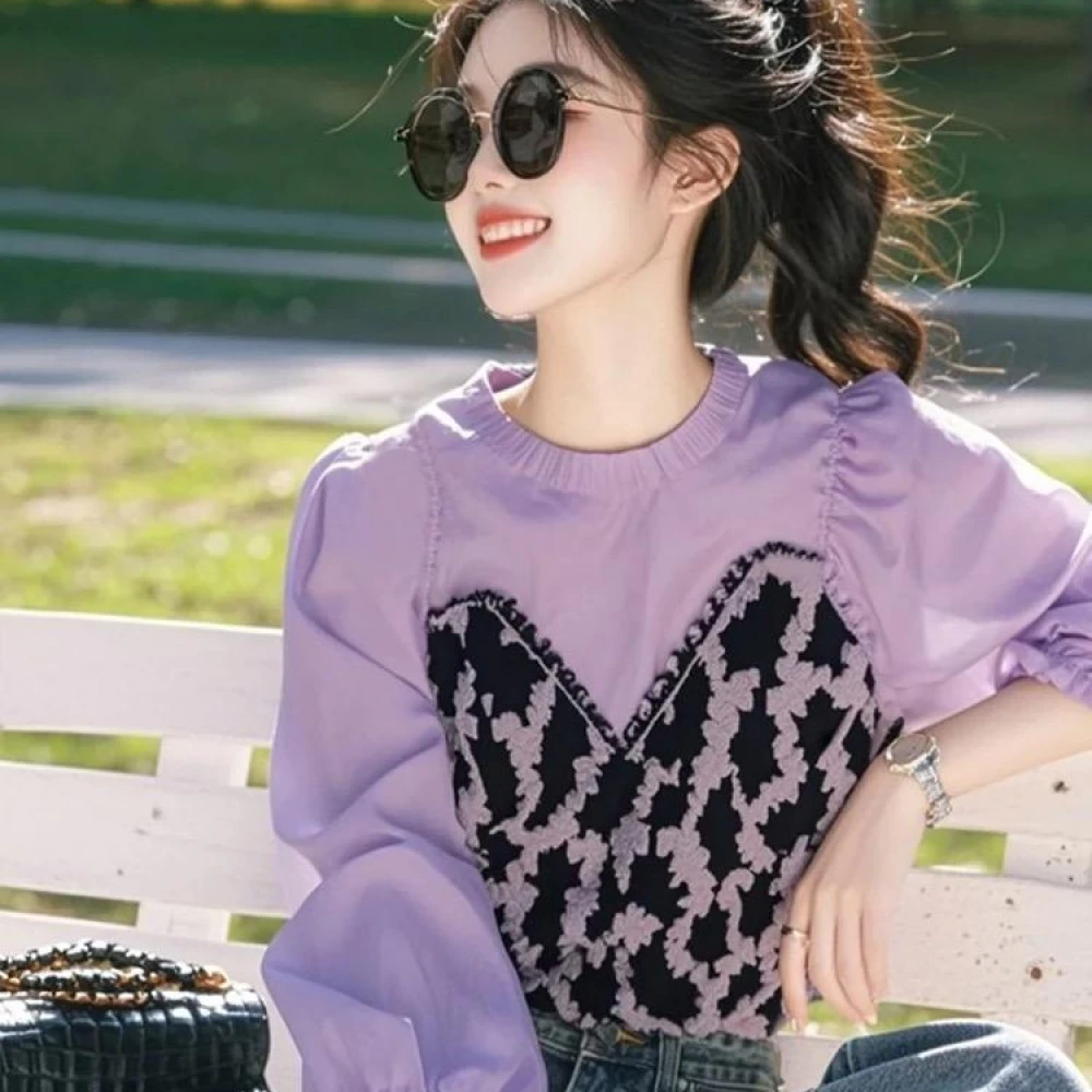 2025春季新款今年流行设计感高级紫色拼接豹纹衬衫牛仔裤两件套女