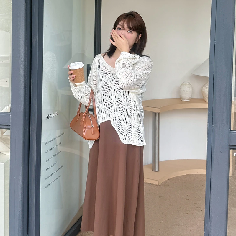 镂空2025年胖mm两件套套装吊带裙罩衫秋波西米亚风313022T22针织