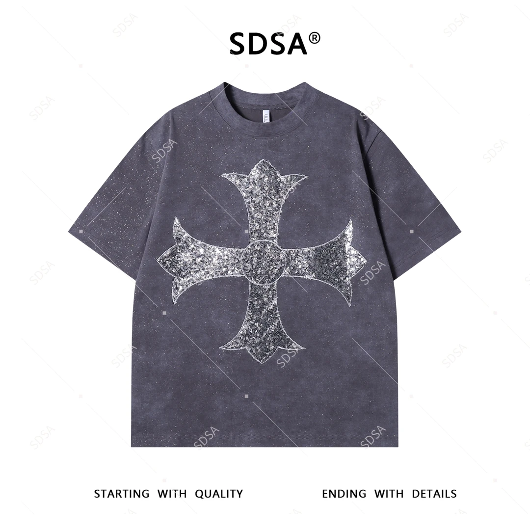 SDSA夏季新款男士痞帅美式胸前亮片十字圆领短袖T恤满天星百搭