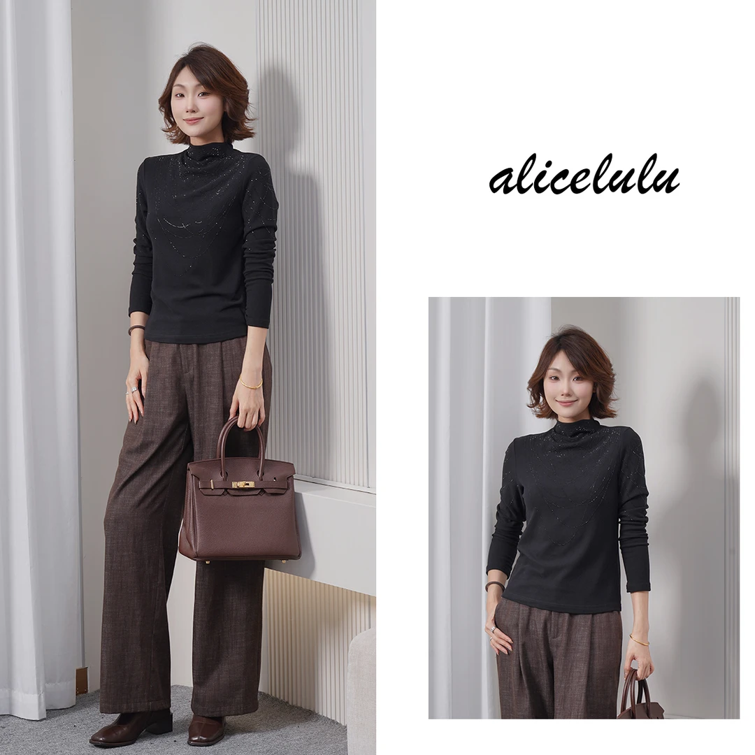 alicelulu 重工烫钻半高领打底衫时尚气质显瘦S2145371T