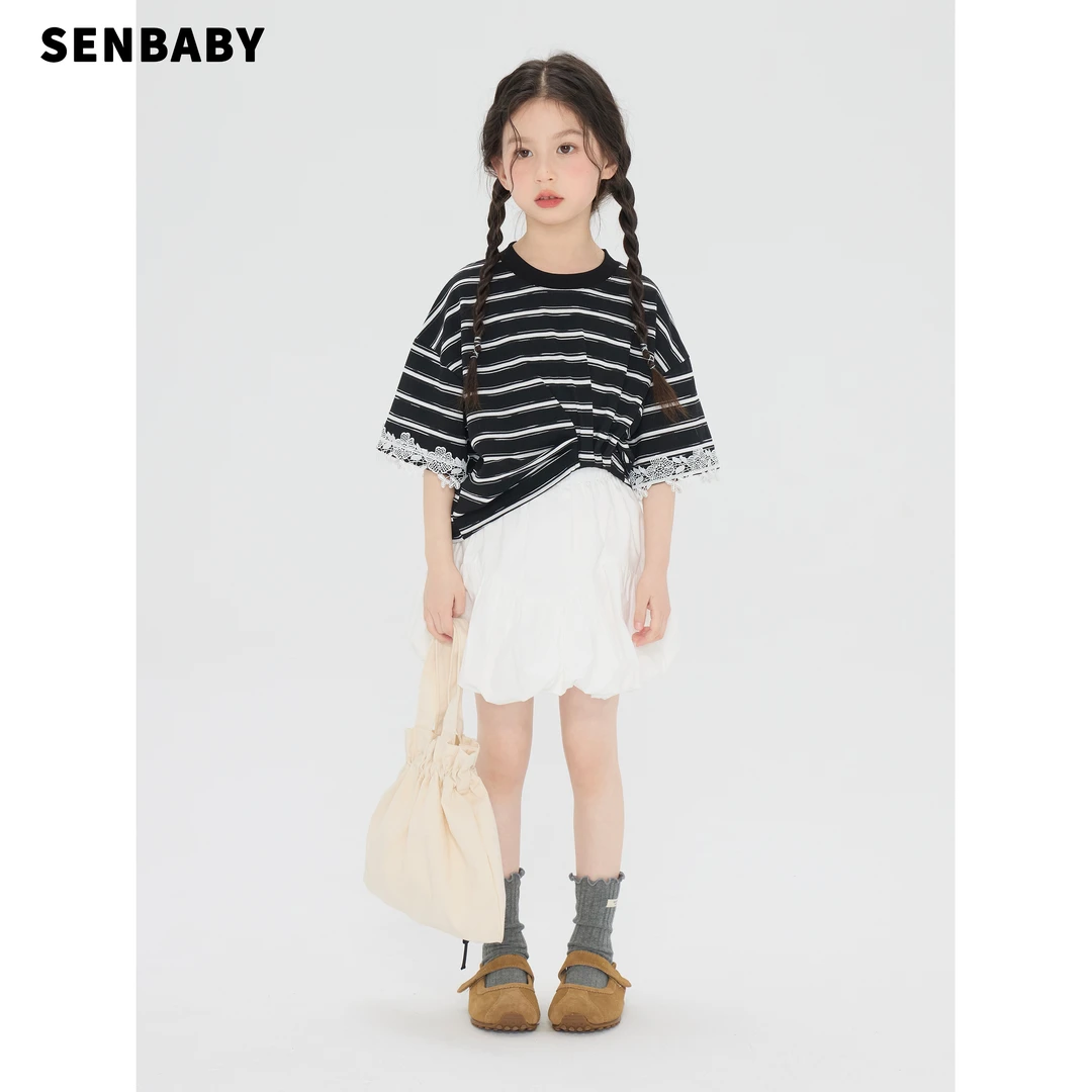【现货】senbaby女童设计纹上衣佩戴白色花苞裙防走光童装套装