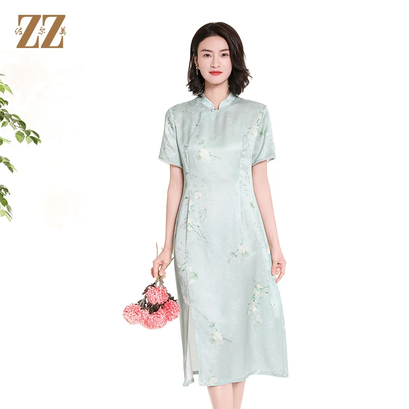 佐尔美夏季新款新中式国风旗袍桑蚕丝短袖连衣裙女M42LS93