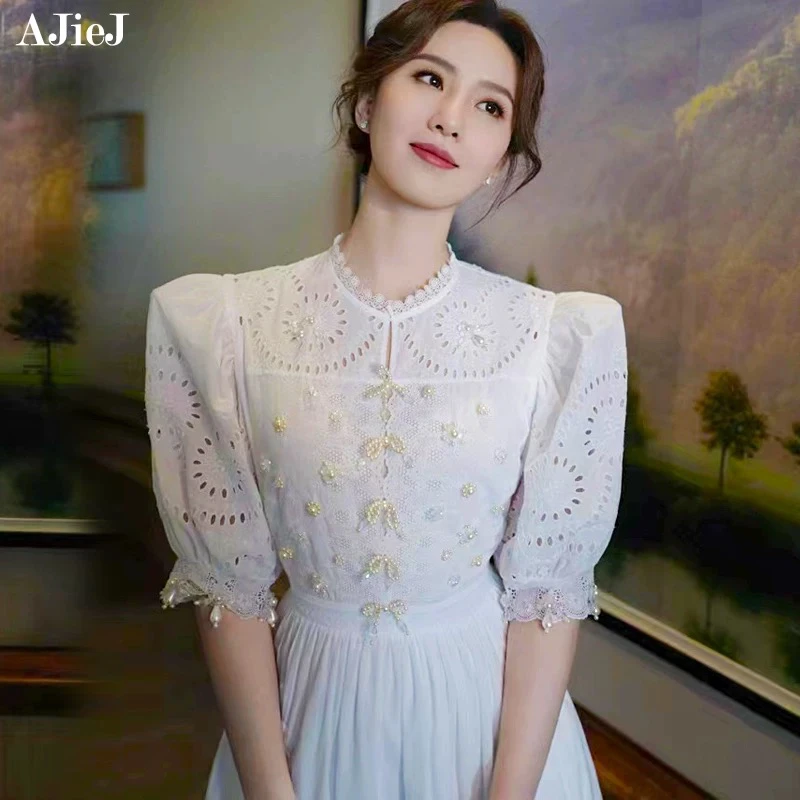 刘诗诗明星同款重工刺绣钉珠连衣裙法式时尚高级感修身长裙女