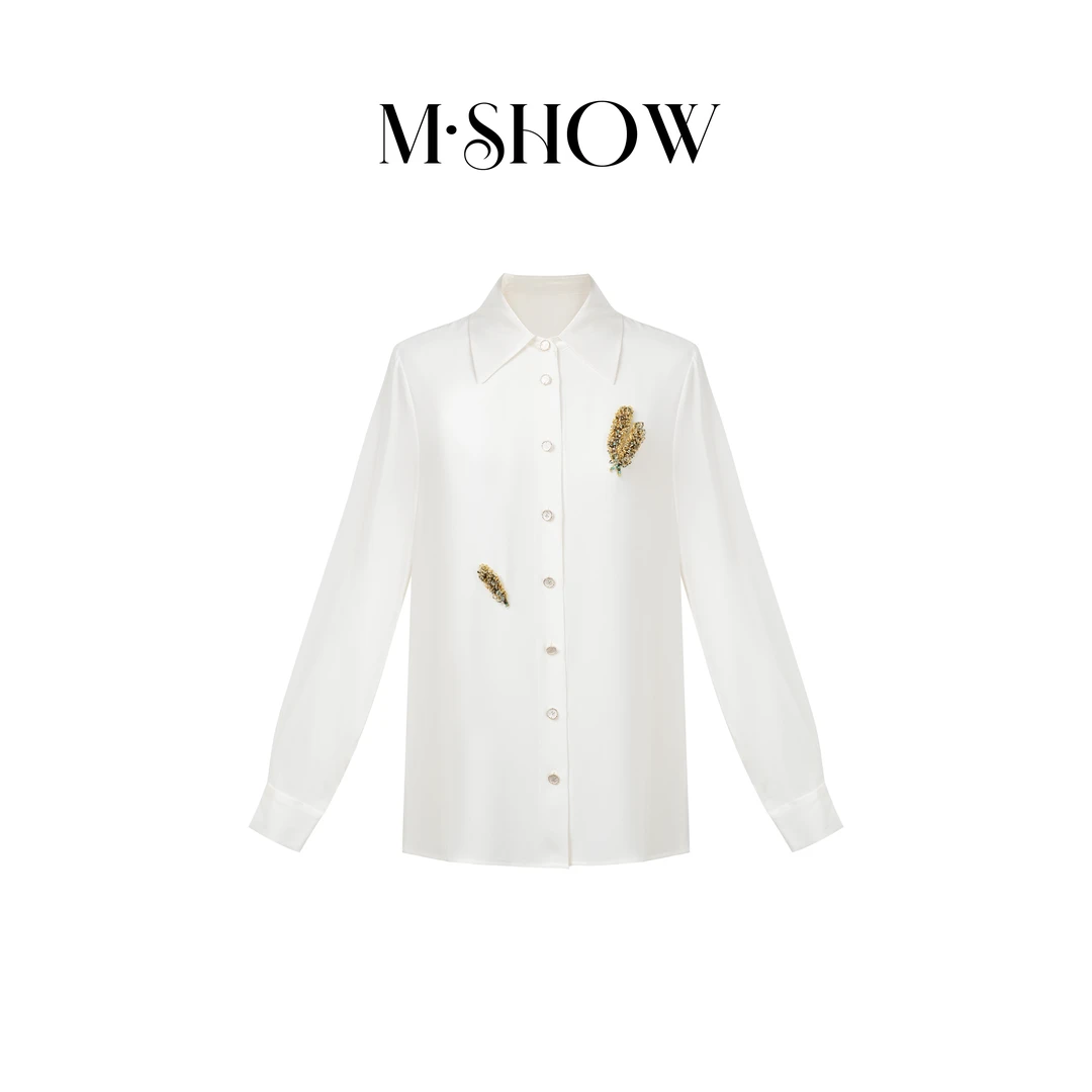 【重磅真丝】100%桑蚕丝32姆米重绉手工订珠女士长袖真丝衬衫8695C