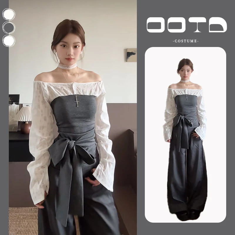 早春一整套女装2025新款韩版一字肩拼接修身上衣高腰阔腿裤两件套