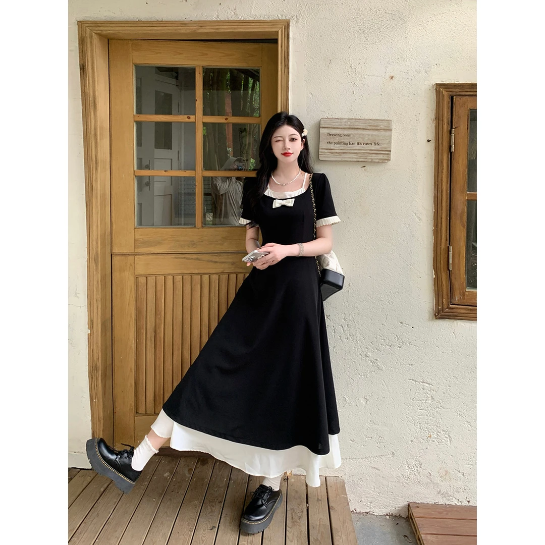 大码女装夏季气质撞色小众显瘦方领设计感时尚长款连衣裙时尚小众