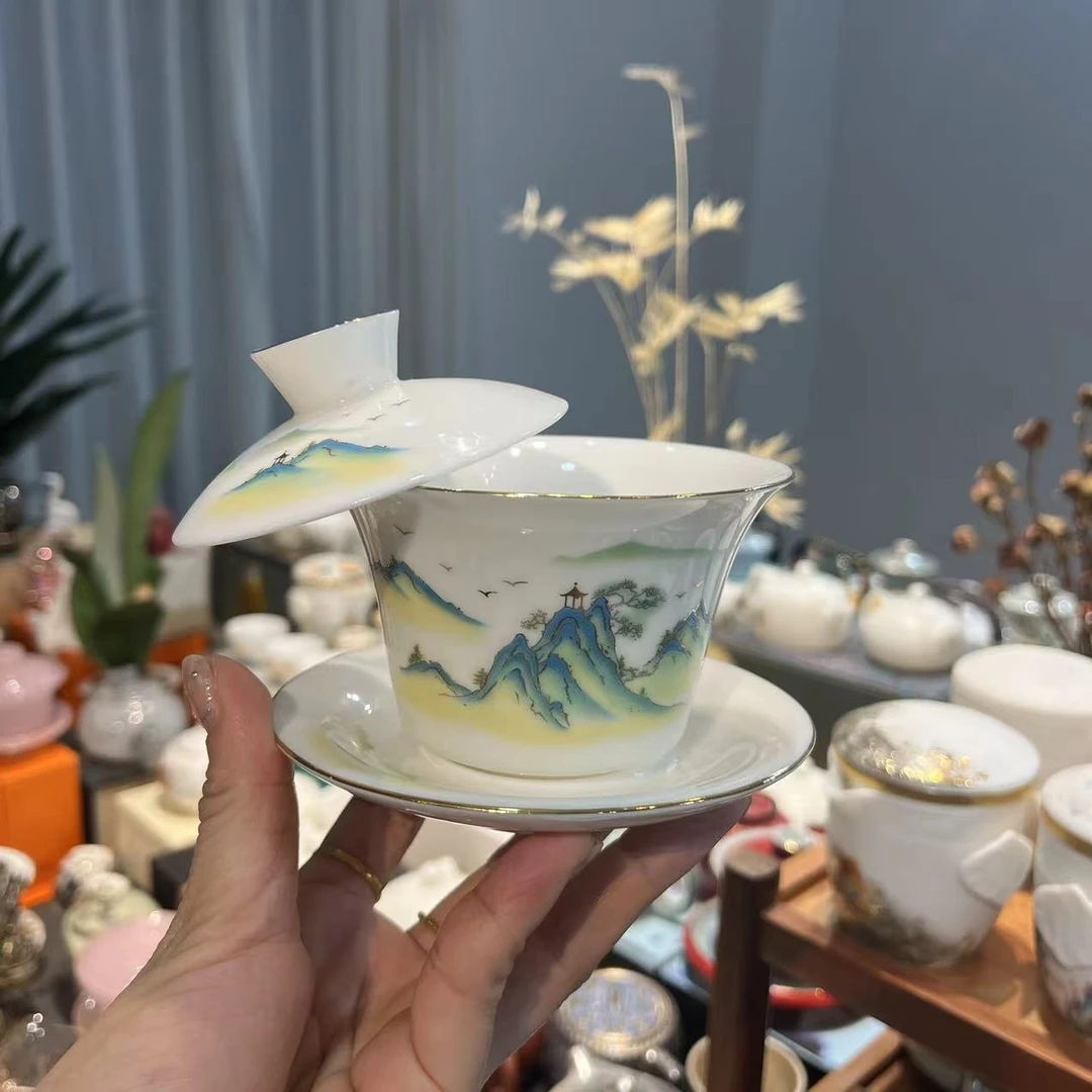 瓷韵优品 羊脂玉瓷描金千里江山盖碗家用泡茶悬停三才盖碗-4122