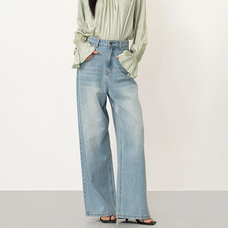 MOVE BY 宽松百搭牛仔裤女2024秋季新款复古水洗天蓝直筒裤C11036