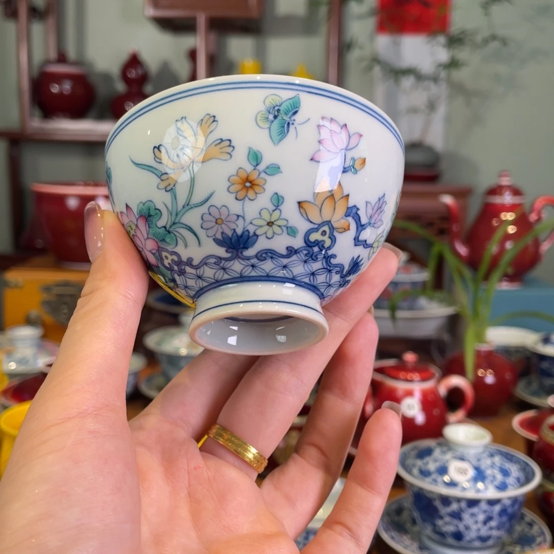 清欢柴窑，斗彩四季花鸡心杯