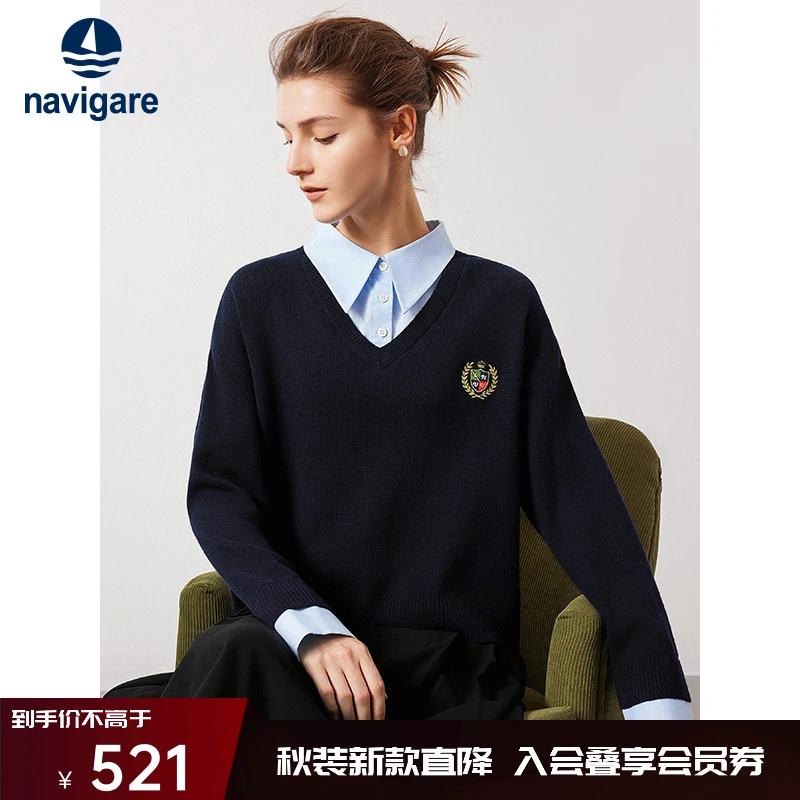 [假两件]navigare意大利小帆船新款衬衫领毛衣女休闲针织毛衫