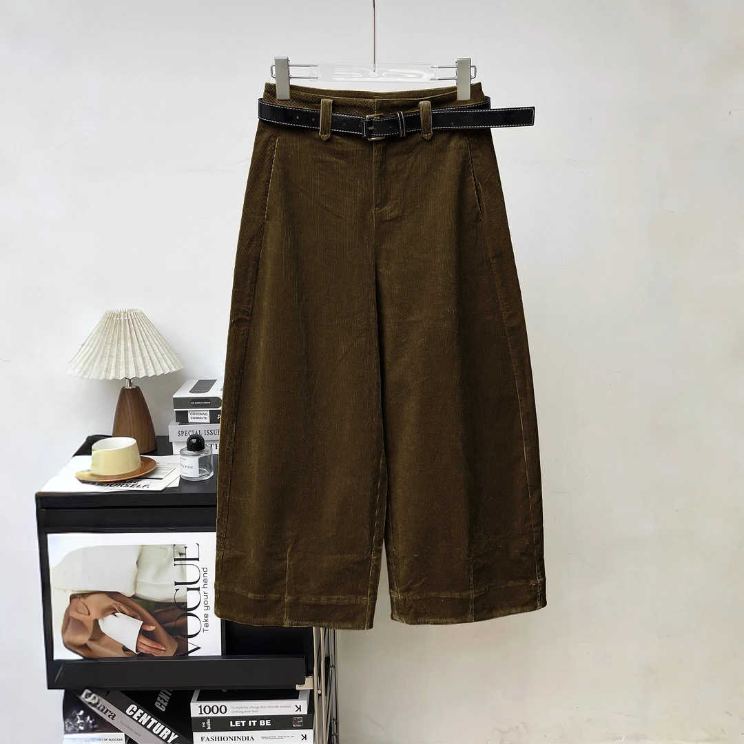 复古灯芯绒休闲裤女2025秋冬新款宽松阔腿弯刀裤小个子九分茧型裤