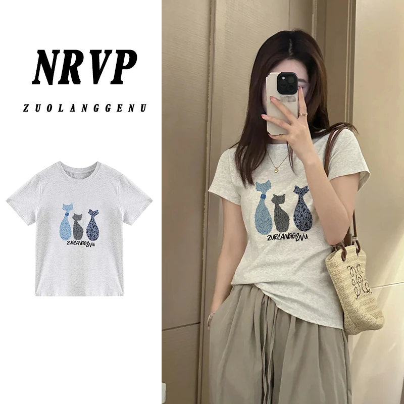 【运补】小众有趣印花正肩短袖t恤女显瘦夏季修身新款圆领弹力上衣