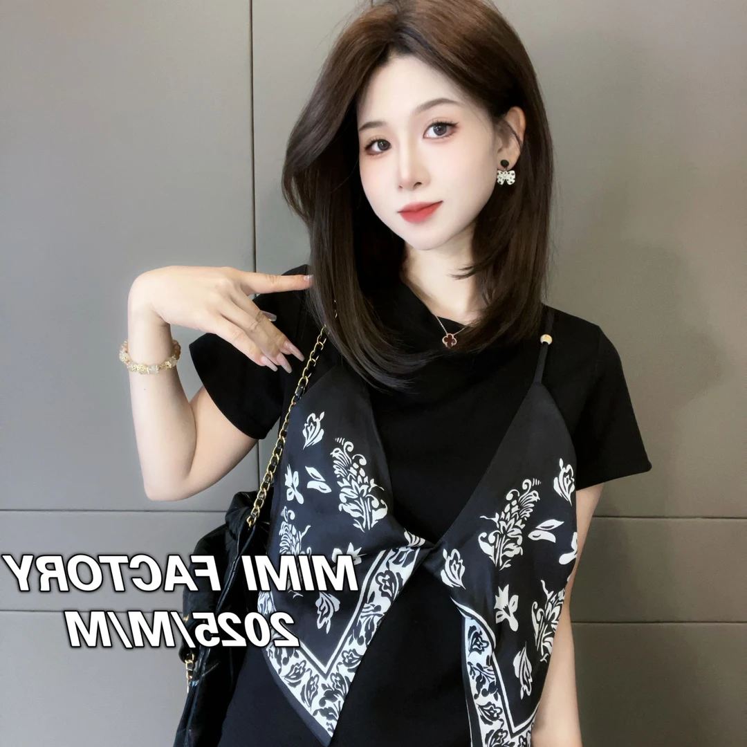 欧货夏季2025新款短袖 重工假两件拼接气质短袖T恤女修身显瘦上衣