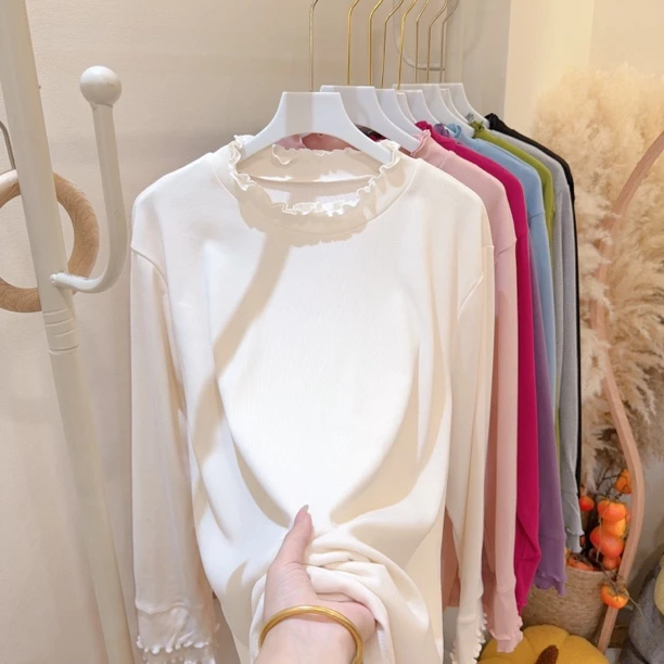 胖胖家*1688新款木耳边重工百搭显瘦打底衫